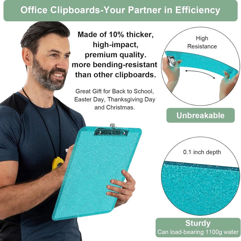 SFLHHDM 1 Pcs Clear Glitter Clipboards, Plastic Clipboard with Pen Holder,Size 8.85 x 12.4 in Shiny Clipboards with Low Profile Clip, Cute Hanging Clipboard for Office School Supplies Sparkly Clip board-Green - Image 5